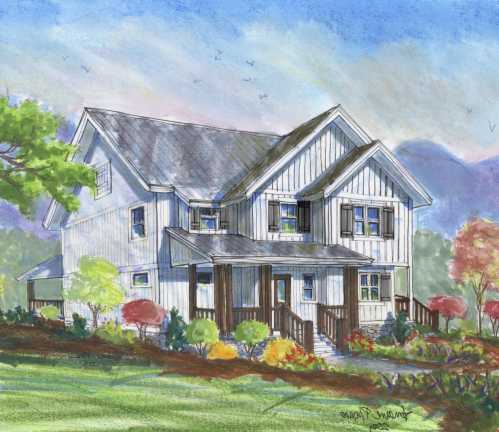 An exterior rendering of the River Dog home plan by Sundog Homes.