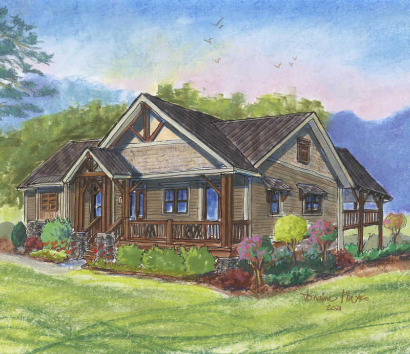 An exterior rendering of the Down Dog home plan by Sundog Homes.