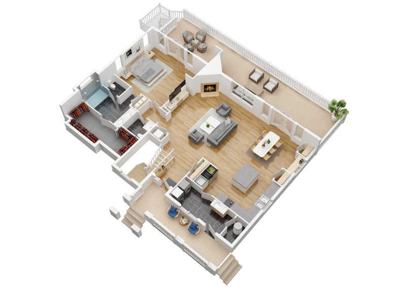 The 3D version of Down Dog's main level floor plan.