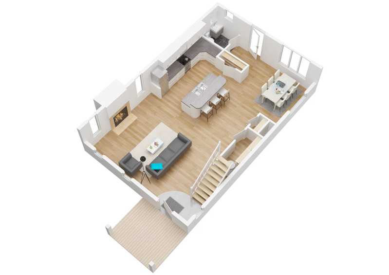The 3D version of the 1487 main level floor plan.