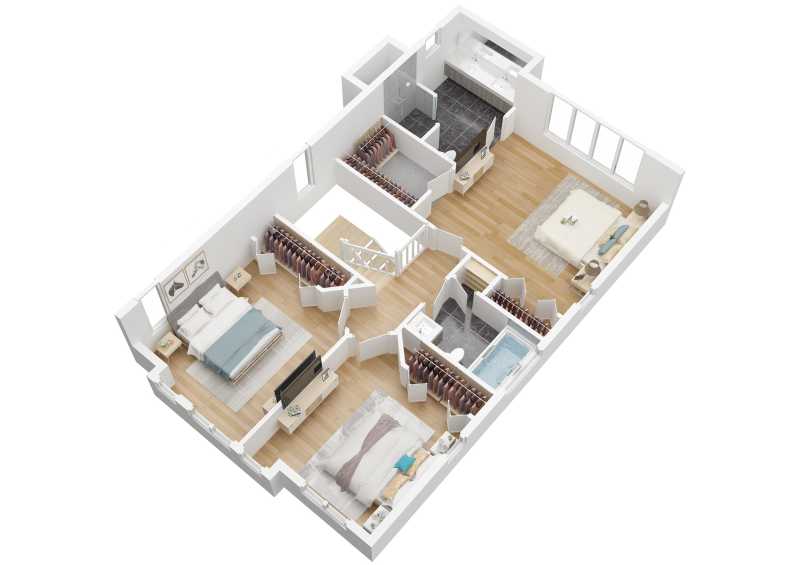 The 3D version of the 1463 upper level floor plan.