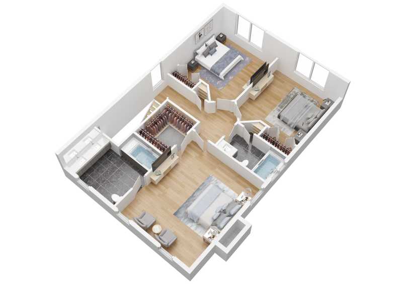 The 3D version of the 1696 upper level floor plan.