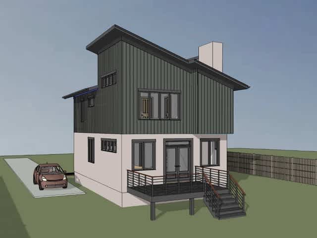 The back deck and dramatic roofline are displayed in this rendering of the right rear of 1463.