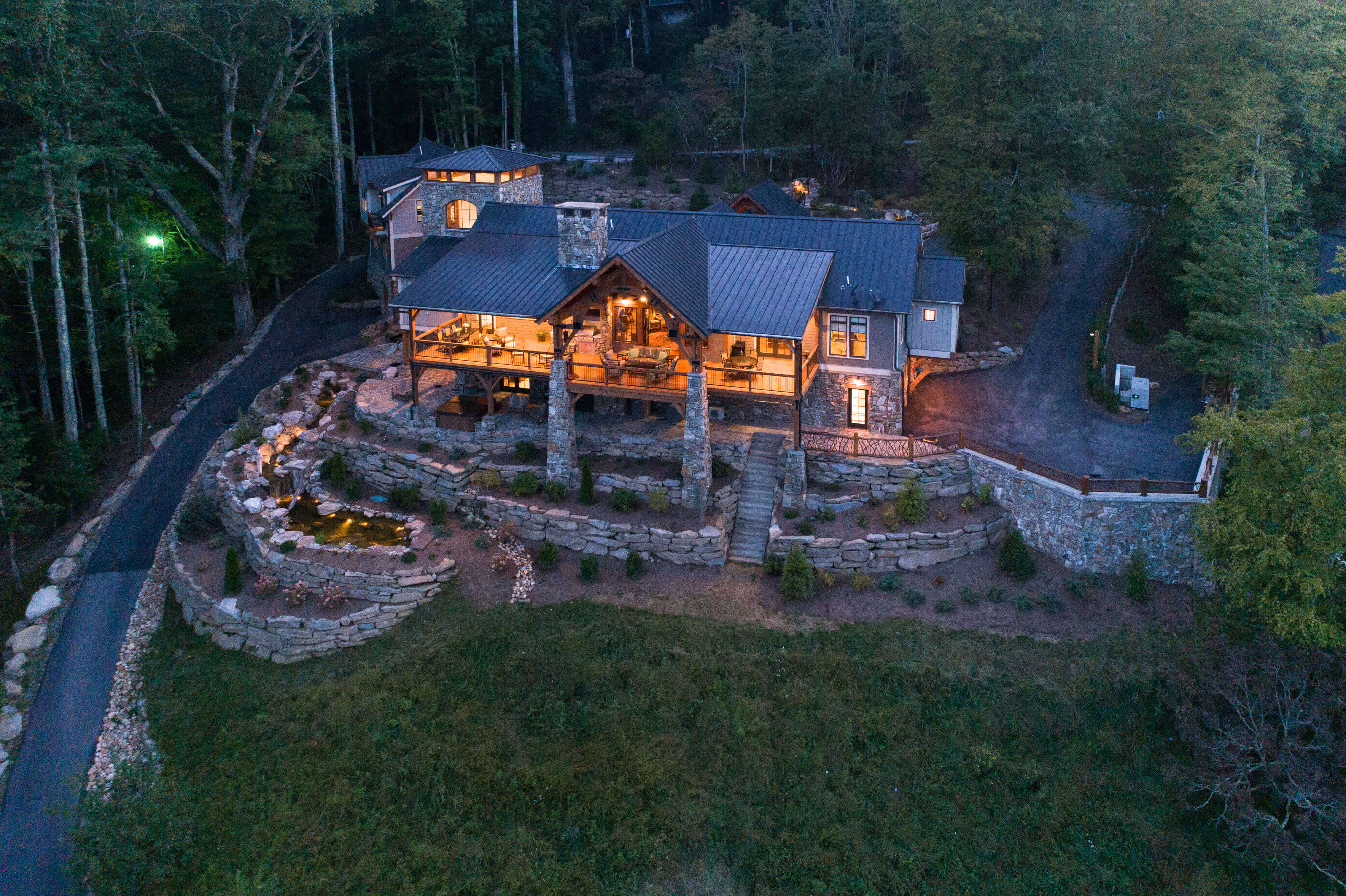 Aerial night view of the Gamble home.