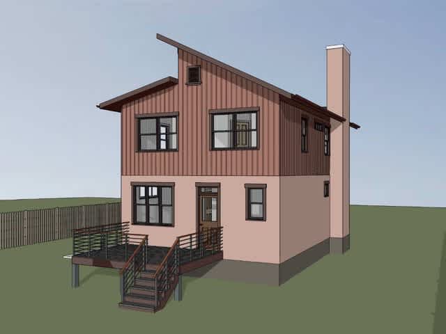 The chimney, large rear-facing windows, and back deck are displayed in this rendering of the left rear of the 1487 plan.