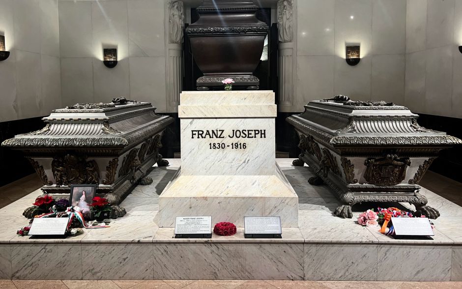 The tomb of Franz Joseph at the Kapuzinergruft in Vienna. His coffin is flanked by those of his wife, Sisi, and son, Rudolf. Photo: Tas Tóbiás 