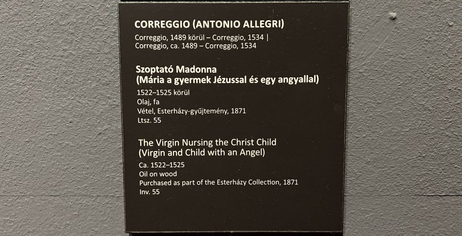 The wall text of Correggio's Virgin and the Child at the Szépművészeti Múzeum. As shown, the painting was part of the Esterházy collection that the Hungarian state acquired in 1871. Photo: Tas Tóbiás