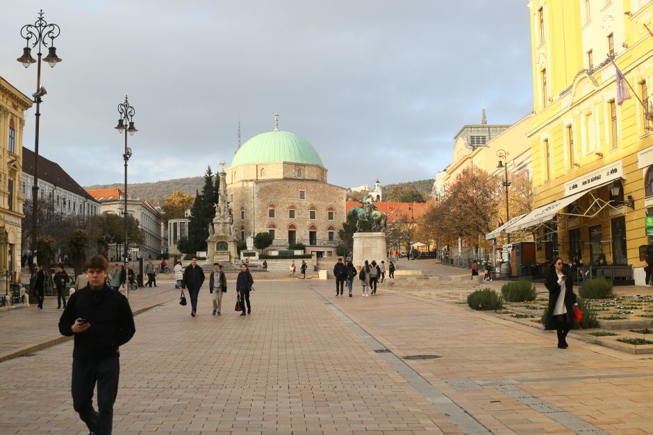 Pécs's main square, Széchenyi, is anchored by the 16th-century Mosque of Pasha Qasim. The building was later converted to a Roman Catholic church and still functions as such. Photo: Tas Tóbiás