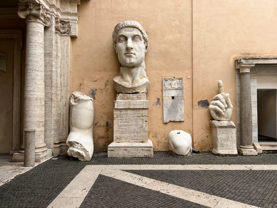 The remains of the colossal statue of Emperor Constantine in the courtyard of the Capitoline Museums in Rome. Constantine himself commissioned the statue in the 4th century AD and it stood in the Basilica of Maxentius. Photo: Tas Tóbiás