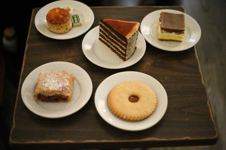 Some of the pastries served at the Hungarian Pastry Shop, clockwise from top left: pogácsa, Dobos torte, francia krémes, linzer cookie, and sour-cherry strudel. Photo: Tas Tóbiás 