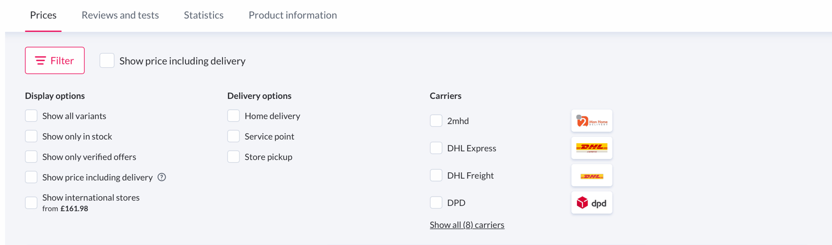 Expand filter to compare prices