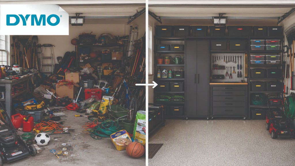 Före och efter: ett rörigt garage blir ett organiserat garage med märkta förvaringslådor och verktyg