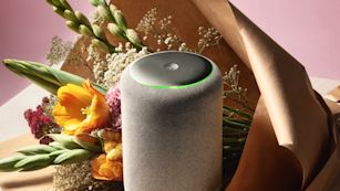 An image of a speaker with a bouquet of flowers
