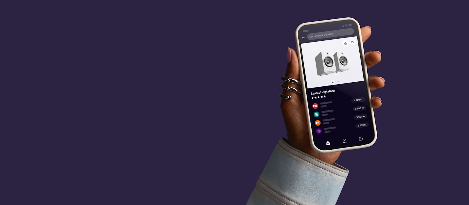 Web KlarnaDevice06 SmoothHand PriceRunner Product Display Eggplant ClearSpaceLeft 16x7 sv-SE