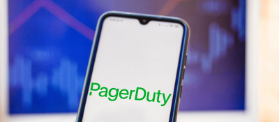 A mobile phone displaying the PagerDuty logo.