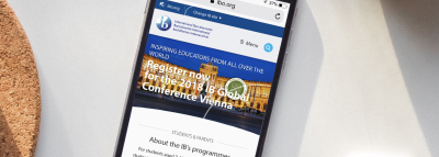 Mobile IBO website showing a registration for the Global Conference in Vienna.
