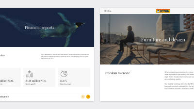 Two screens of the redesigned Jotun website – Financial reports and Furniture and design.