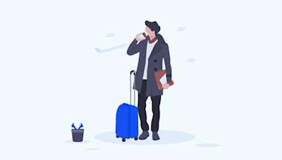 Illustration with a man in business clothes and with a takeaway coffee, travel bag and papers.