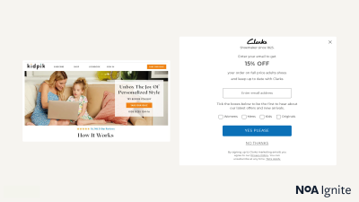 Screenshots of online shops: home page on the left, newsletter message on the right. 