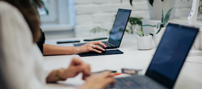 Female hands, laptop, working