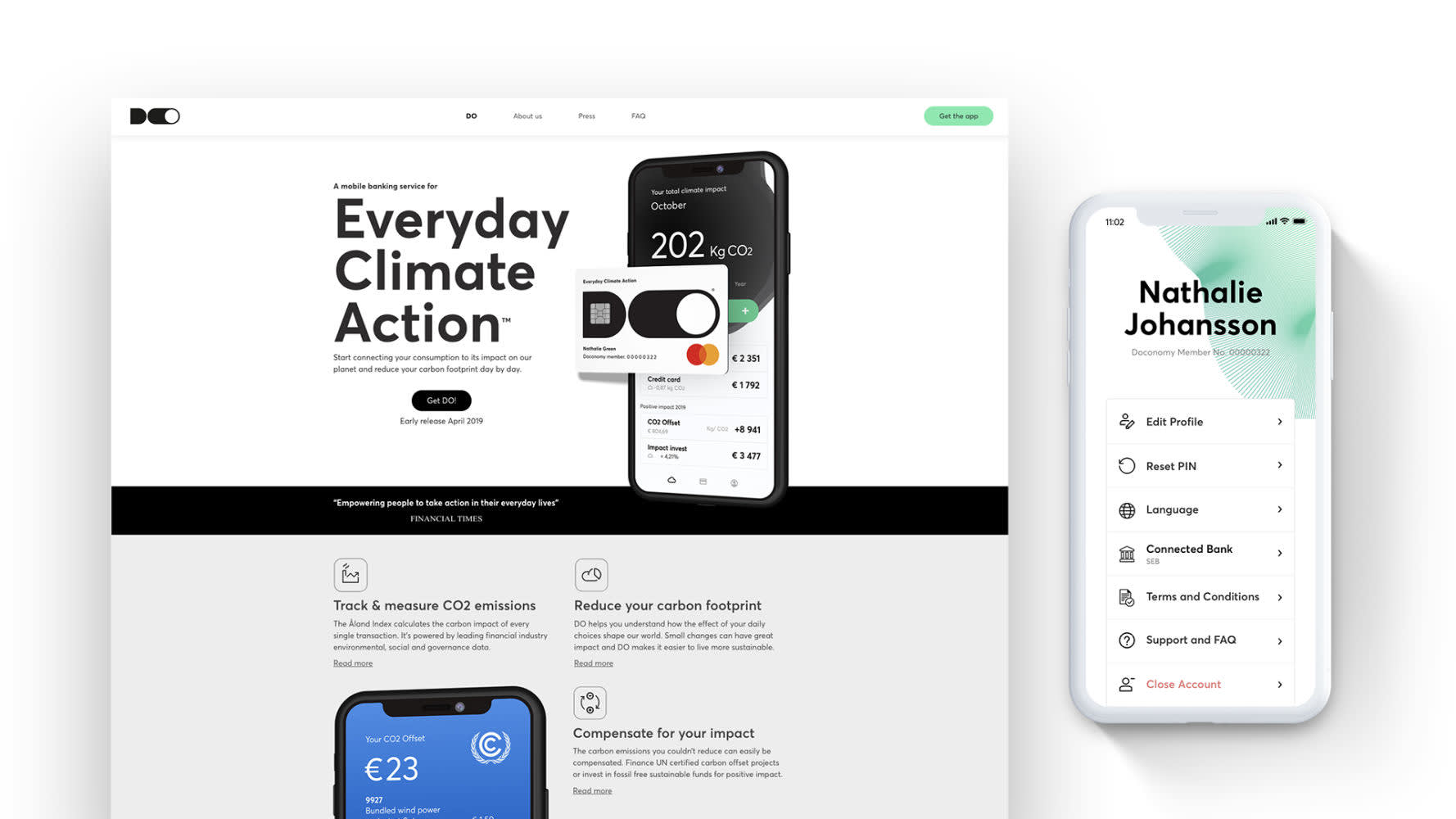 Desktop and mobile screens of the app to tackle climate change.