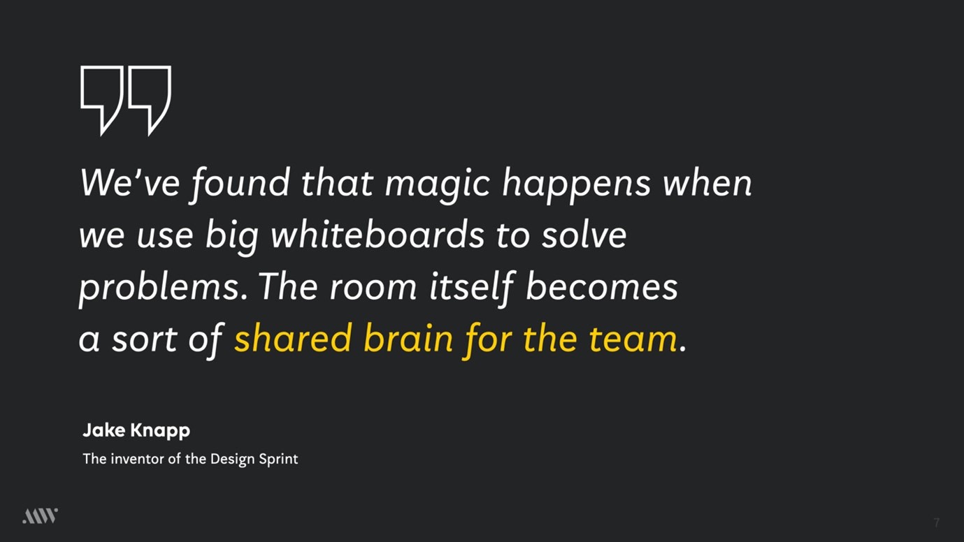 Jake Knapp's quote: We've found that magic happens when we use big whiteboards to solve problems. The room itself becomes a sort of shared brain for the team.