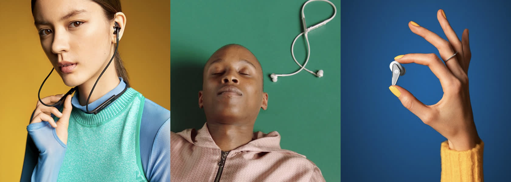 Three pictures of the Libratone earphones: a woman with earphones, a man lying next to the earphones and an earphone held in the woman's hand