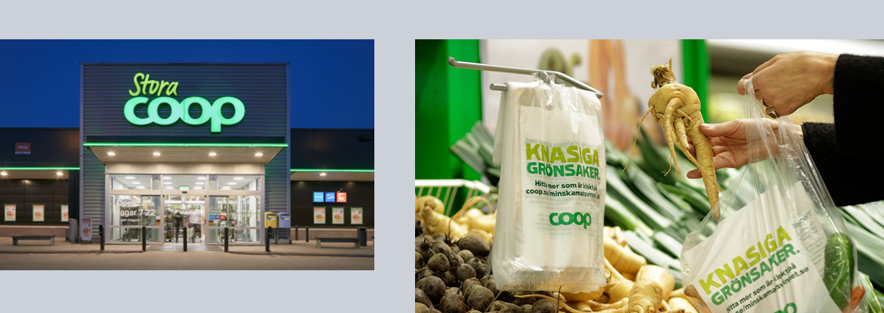 Two pictures of the shopping in Coop. On the left, the Coop store is from the outside, on the right – someone is selecting vegetables.
