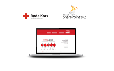 Logos of Microsoft SharePoint and Rode Kors, and the Rode Kors website on the laptop. 
