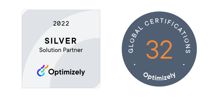 Two badges displayed side by side. The first badge indicates our 'Optimizely Silver Partner' status, while the second badge signifies '32 Certifications in Optimizely'.