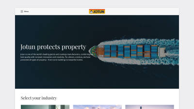 Screen of the redesigned Jotun website showing a storage ship and words: Jotun protects property.
