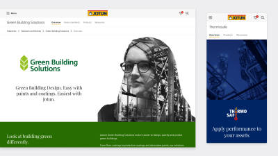 Two screens of the redesigned Jotun website – Green Building Solutions on desktop, and Thermosafe on mobile.