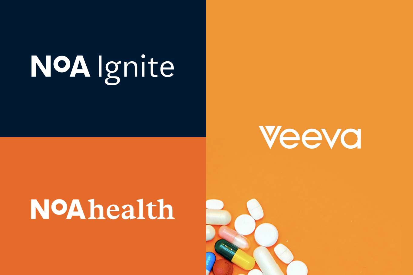 Three colourful blocks showing NoA Ignite, NoA Health and Veeva logos.