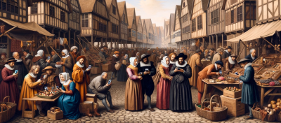 Medieval people at the market – a painting in Pieter Breugel the Elder style generated by AI.