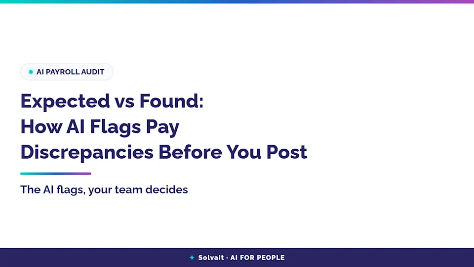 Hero graphic for Solvait AI payroll audit article, expected vs found before posting
