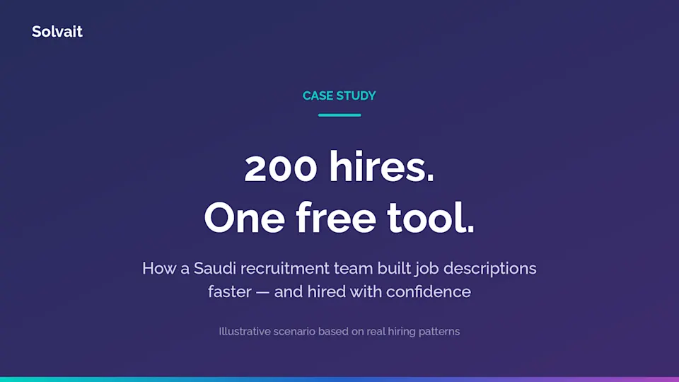 Case study title graphic, 200 hires with one free job description generator tool in Solvait brand colors