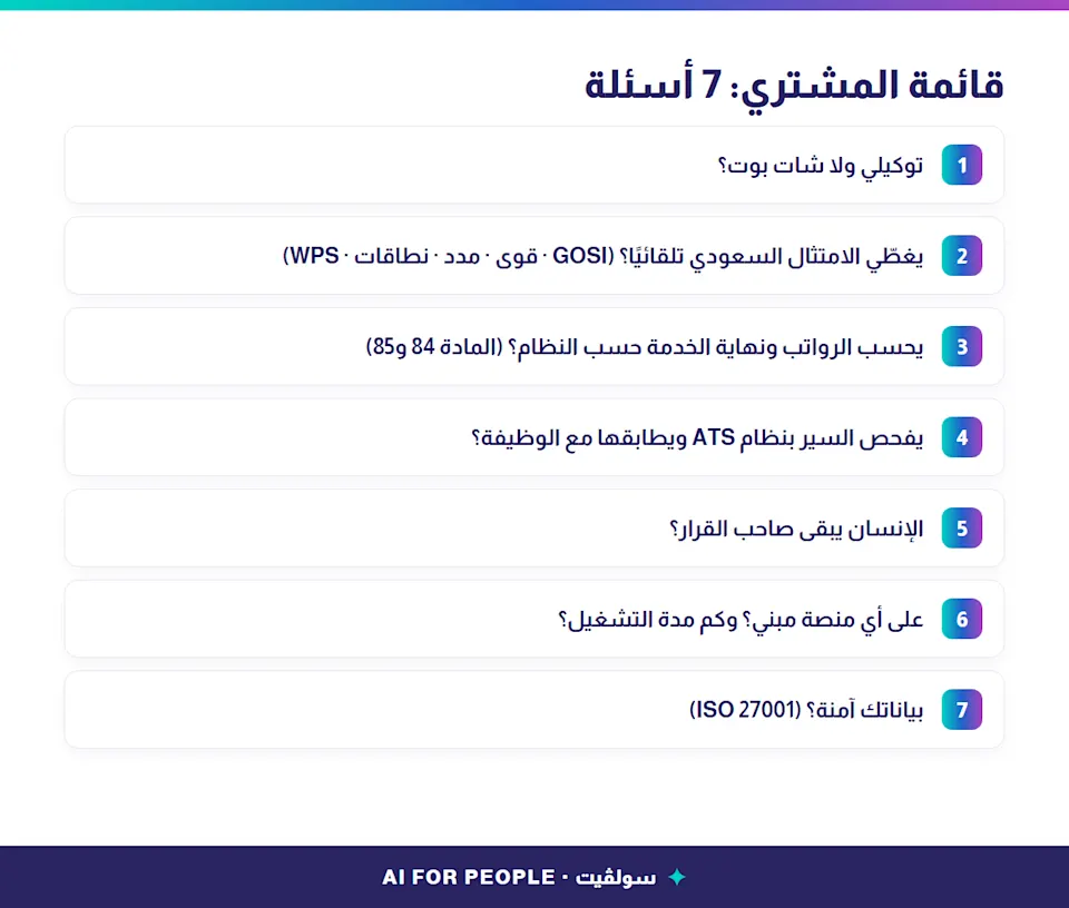 إطار من سبعة أسئلة للمشتري قبل اختيار نظام موارد بشرية بالذكاء الاصطناعي