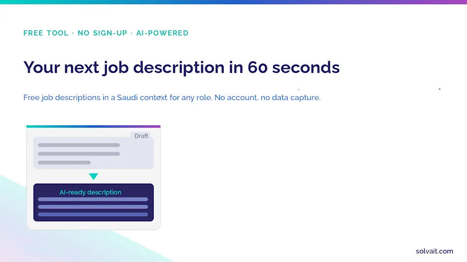 Free tool graphic to generate a professional job description in 60 seconds in Solvait colors