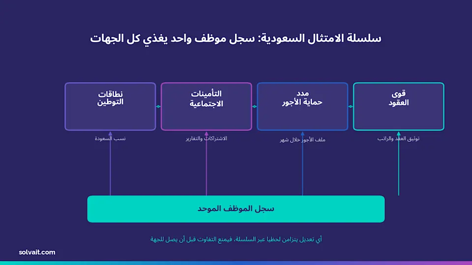 مخطط سلسلة الامتثال السعودية بين قوى ومدد والتأمينات ونطاقات من سجل موظف موحد
