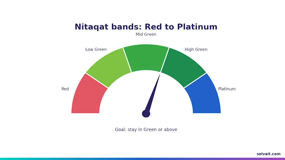  Gauge of the five Nitaqat bands from Red to Platinum with the needle in green