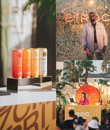 several different pictures of a man standing in front of a display