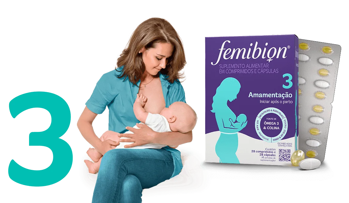 Embalagem do produto Femibion 1 e mulher com teste de gravidez