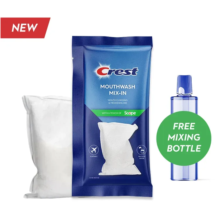 Blue sachet package with white powder pouch to mix in to mouthwash bottle