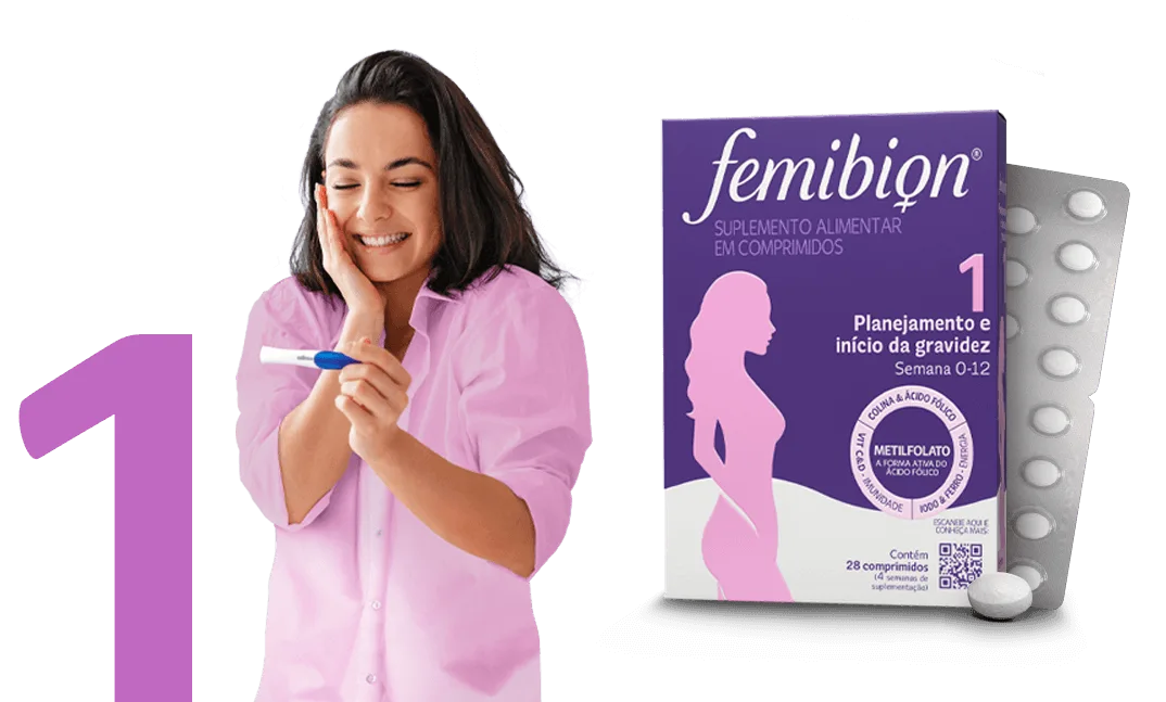 Embalagem do produto Femibion 1 e mulher com teste de gravidez