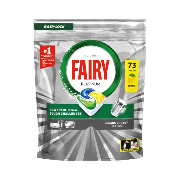 Fairy Platinum Lemon dishwasher tablets, 73 capsules, Easy-Lock bag.