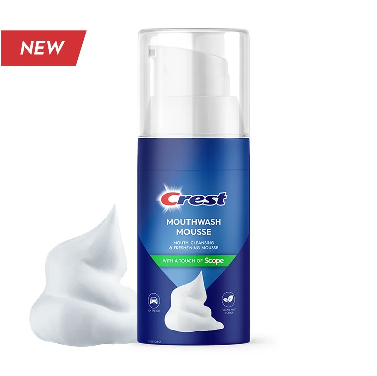 Blue mouthwash mousse bottle with foam