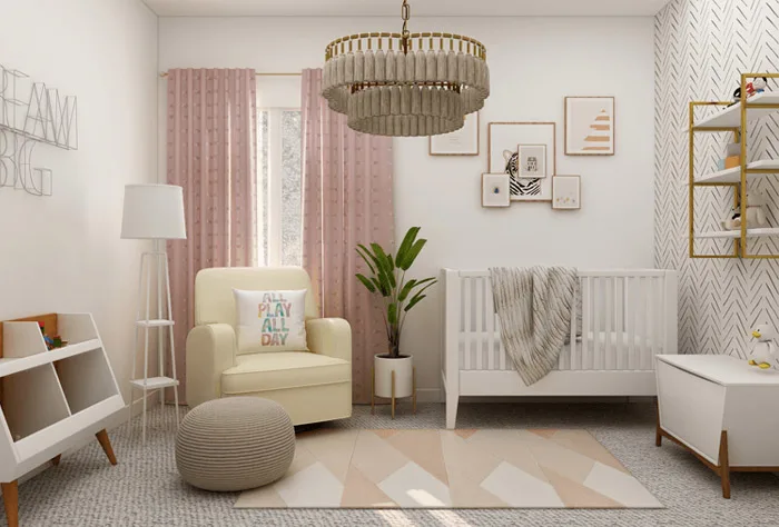 um quarto de bebê com muitos móveis