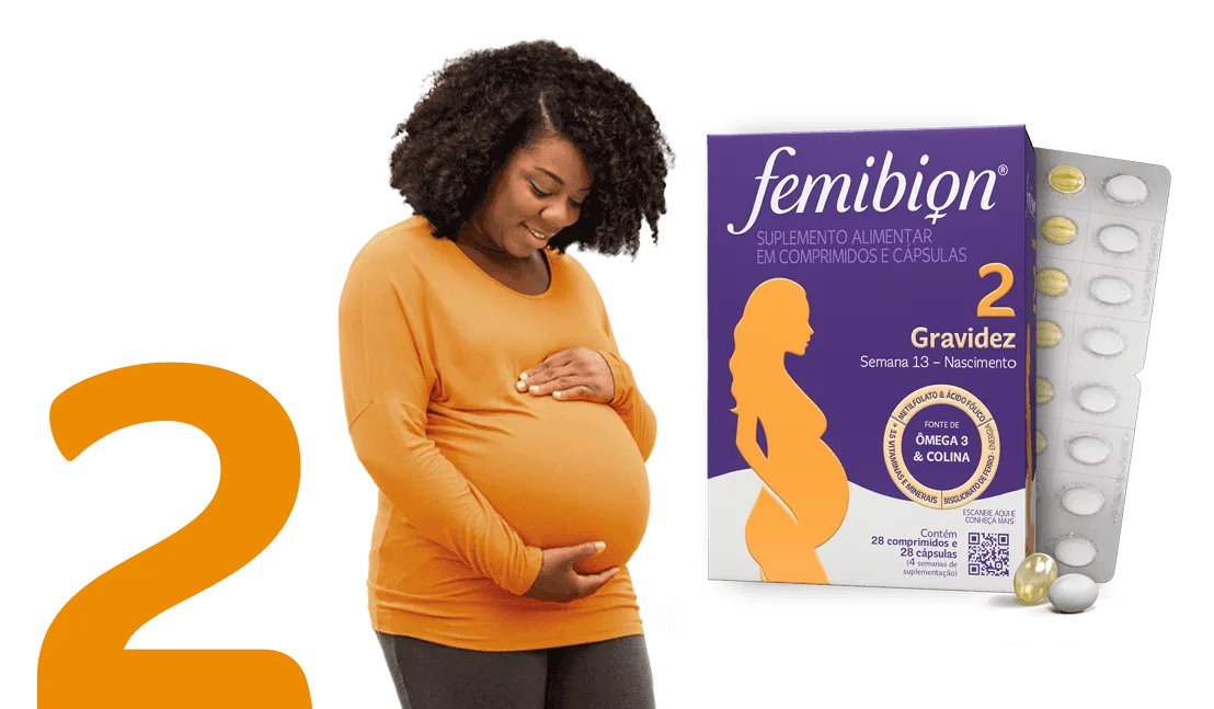 Embalagem do produto Femibion 1 e mulher com teste de gravidez