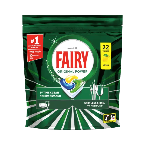 Fairy Original Power Lemon dishwasher tablets, 22 capsules, 1st time clean with no rewash, spotless shine.