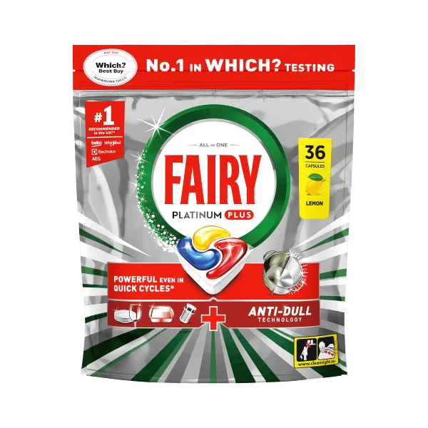 Fairy Platinum Plus Lemon dishwasher tablets, 36 capsules, powerful even in quick cycles, anti-dull technology.
